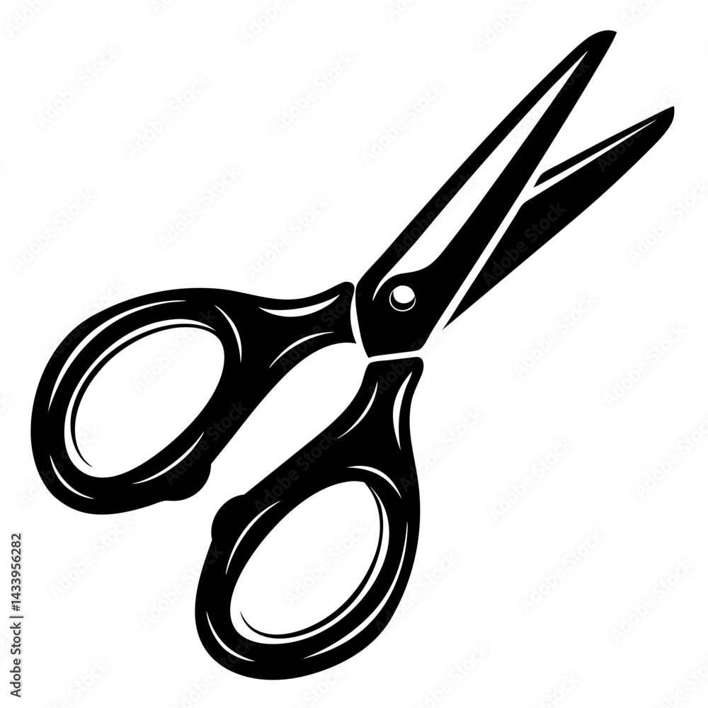 Poster black and white image of opened scissors with oval handles design
