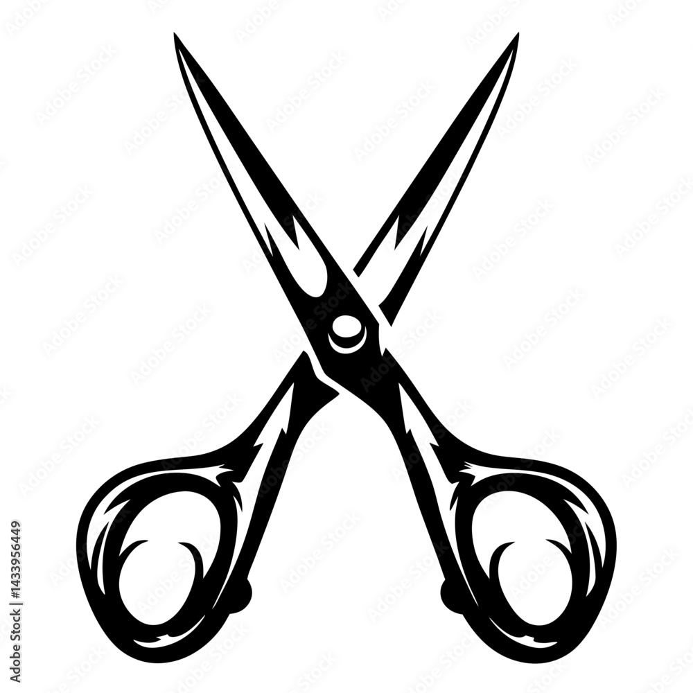 Poster black and white stylized image of barber scissors in open position