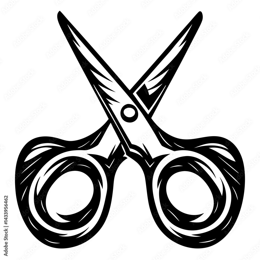 Poster monochrome illustration of open scissors with ornate design and sharp blades