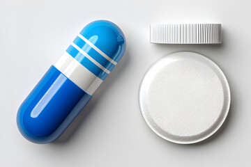 Blue and white capsule with white bottle cap, vibrant medication on clean surface, health concept, copy-space available.