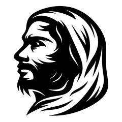 Monochrome illustration of a man's profile with long stylized hair flowing back