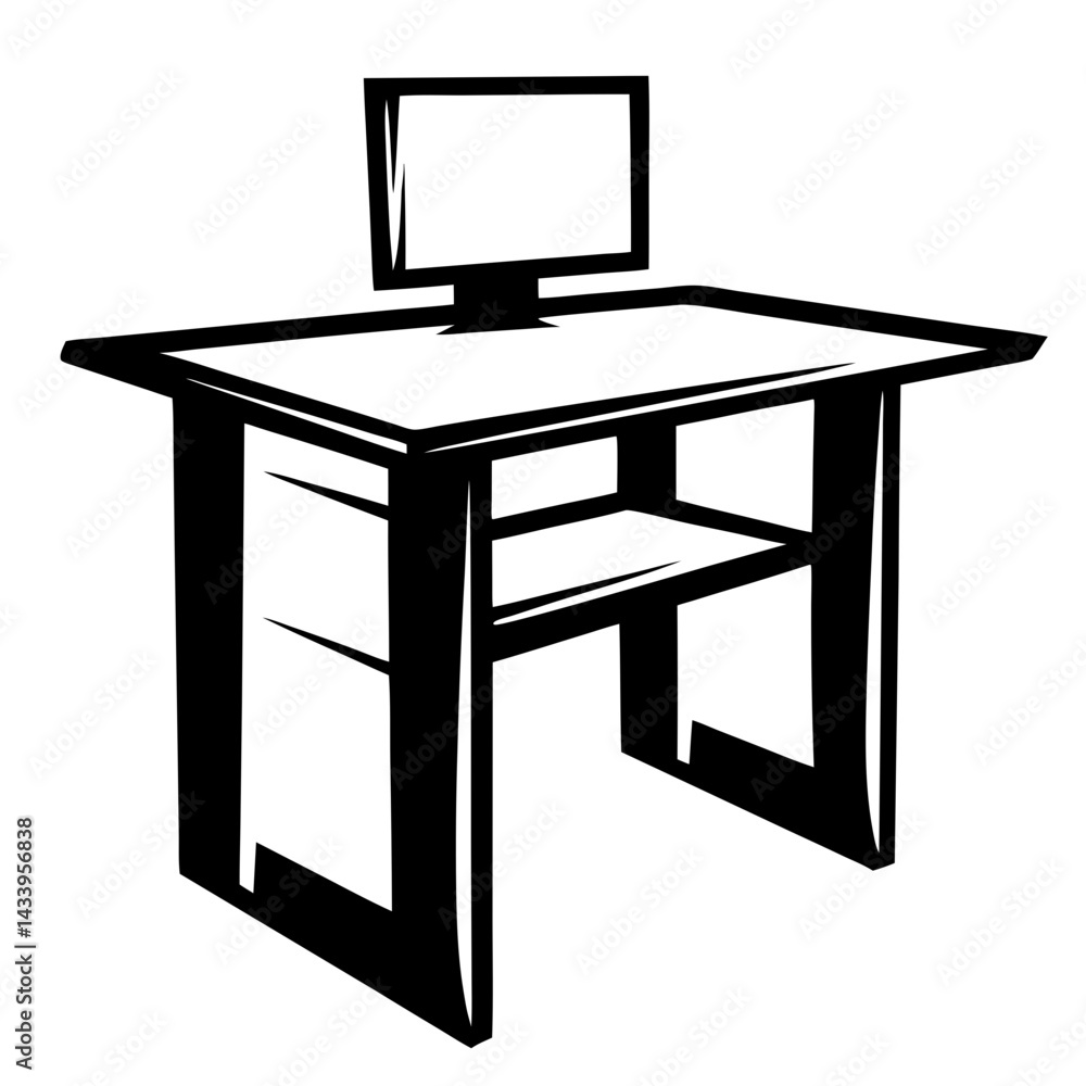 Poster black and white computer desk illustration with shelf and monitor displayed