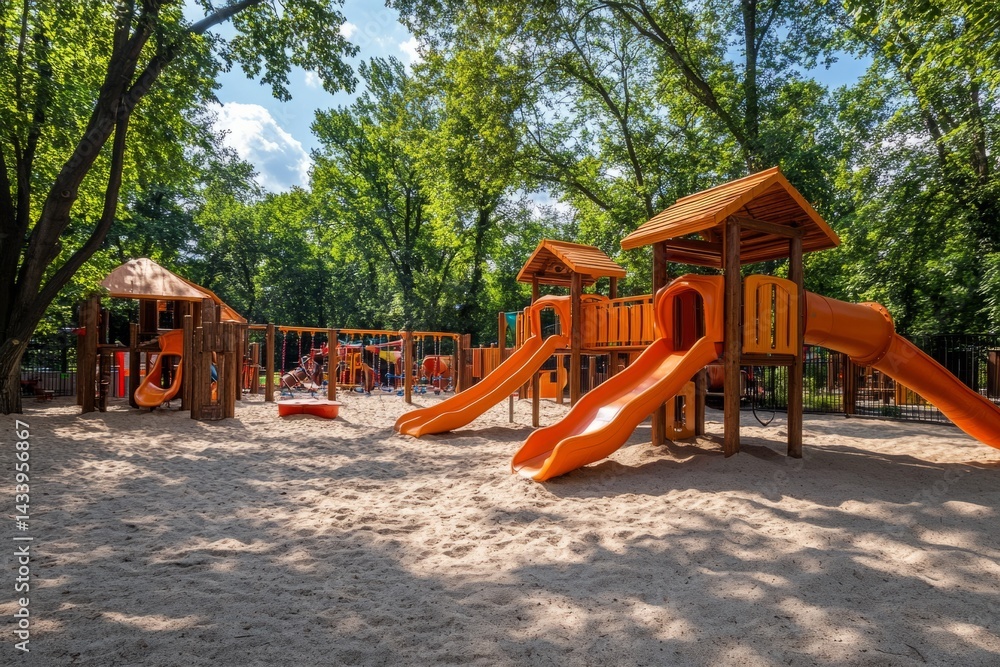 Poster orange slides and climbing frames on a playground in a public park provide fun for children