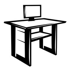 Black and white computer desk illustration with shelf and monitor displayed