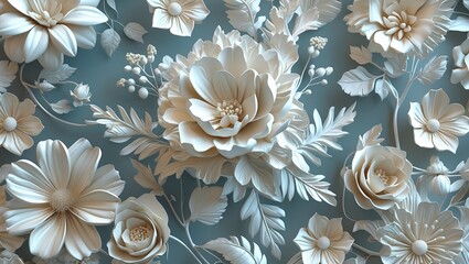Elegant vintage floral wallpaper in white tones
