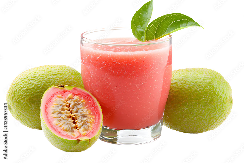 Poster a glass of pink guava juice with two green guavas and a half guava on a dark background image view