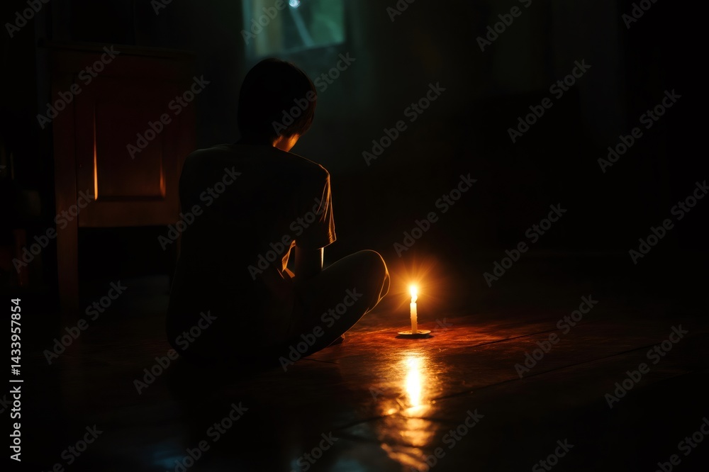 Poster person finding solace in a dimly lit room, illuminated by the warm glow of a single candle, creating