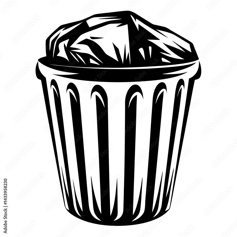 Aufkleber monochrome depiction of a trash can overflowing with refuse or garbage