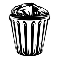 Monochrome depiction of a trash can overflowing with refuse or garbage