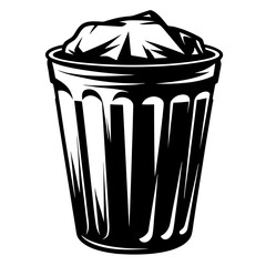 Monochrome illustration of a trash bin overflowing with waste, artistic representation