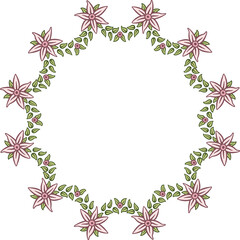 Circular garland with flowers and leaves. Illustration made with a garland of flowers and leaves on a white background creating a circular border.