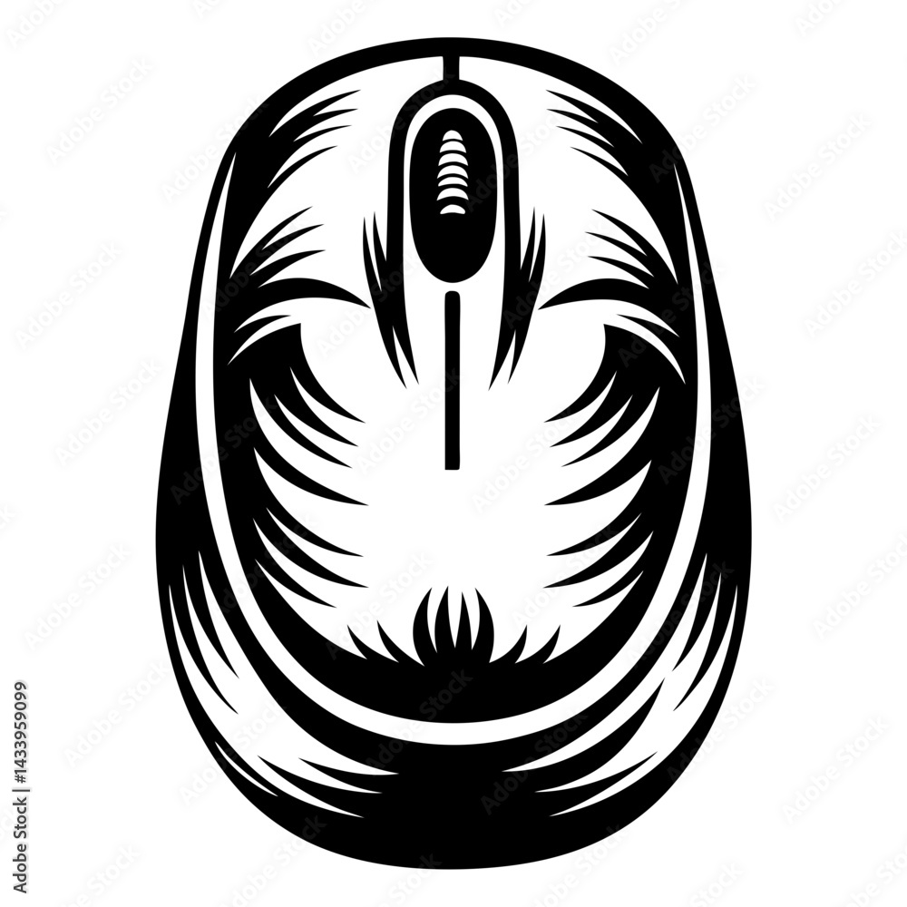 Poster stylized computer mouse illustration with feathered pattern in black and white