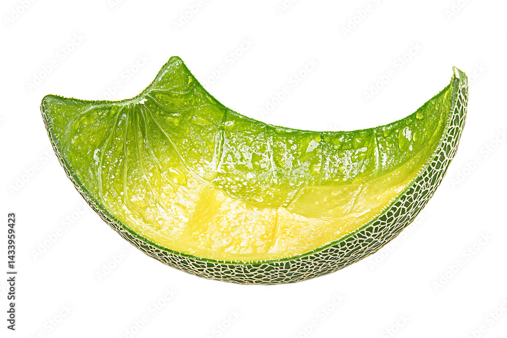 Poster a close up view of a slice of cantaloupe with a green rind on a black colored background isolated