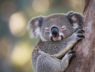 Obraz premium Adorable koala resting peacefully on a tree branch in a sunny and vibrant natural setting