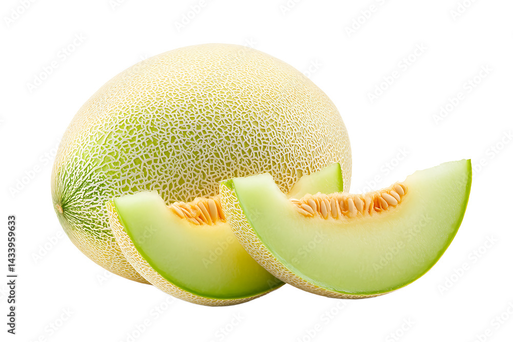 Poster a whole honeydew melon with two cut slices on a black background in a studio setting close up view