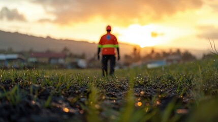 Fototapeta premium Worker walking towards sunset, disaster relief concept, Man in orange vest walking away at sunset