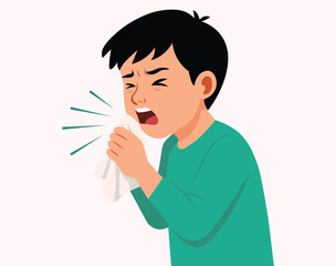 Sick Child Sneezing Illustration Flat Style Cold and Flu Concept