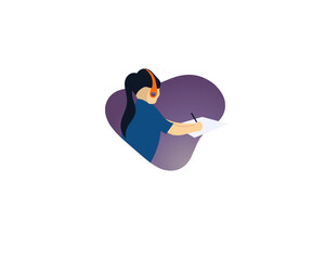 Illustration of a girl with headphones studying and writing notes on paper. Remote learning, online education, or homework concept in modern flat style