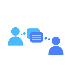 Minimalistic vector illustration of two people communicating through speech bubbles. Represents conversation, communication, messaging, and social interaction. Flat design style with blue tones 