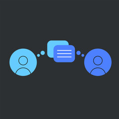 Minimalistic vector illustration of two people communicating through speech bubbles. Represents conversation, communication, messaging, and social interaction. Flat design style with blue tones 