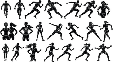 A collage of stylized black silhouettes depicting various human figures in dynamic athletic poses. Feature runners and sprinters, showcasing strong, muscular builds, athletes, and running stances.