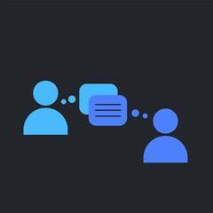 Minimalistic vector illustration of two people communicating through speech bubbles. Represents conversation, communication, messaging, and social interaction. Flat design style with blue tones 