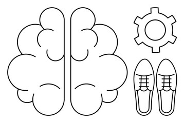 Abstract brain with gear symbolizes thinking and innovation shoes depict movement and progress. Ideal for education, coaching, innovation, strategy, creativity, teamwork, and simple landing page
