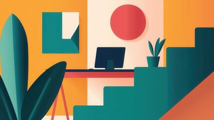 Fototapeta premium Office flexibility, standing desks near staircases, flat design illustration