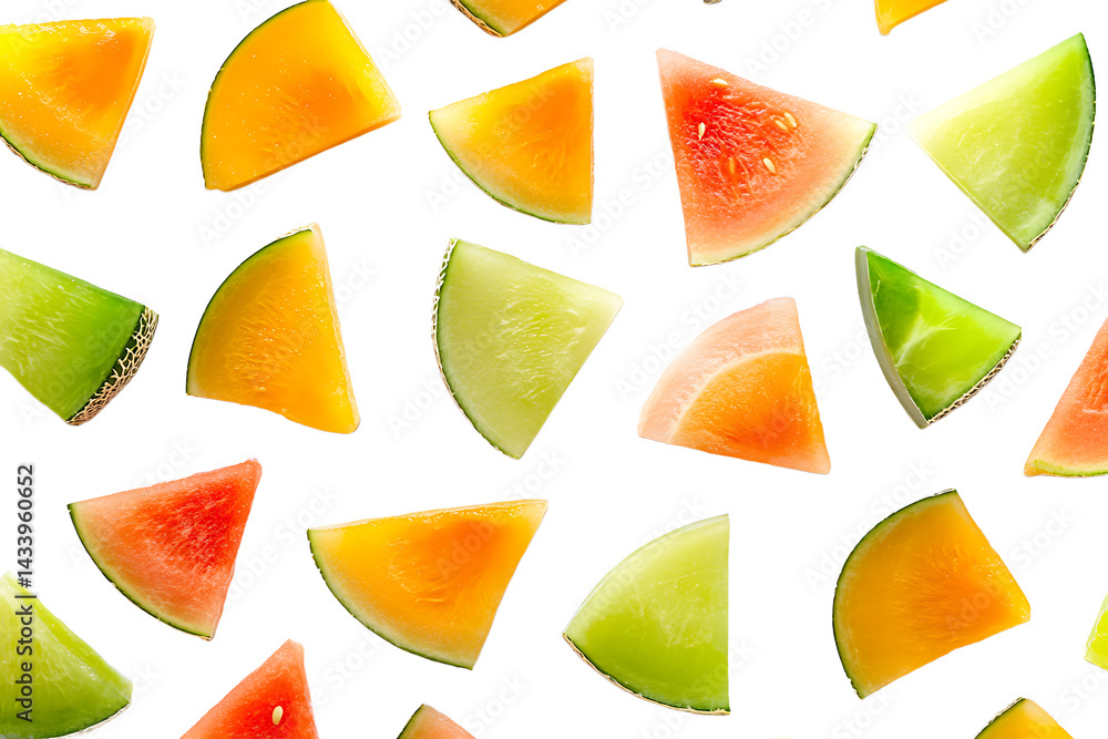 Poster a pattern of melon slices in various colors scattered on a black background in a seamless design