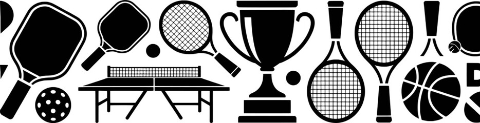 Sports equipment icon set black and white illustration