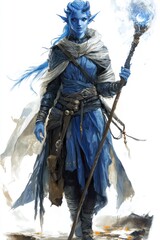 Fototapeta premium Enchanting Blue Fantasy Character with Staff, Mystical Aura and Elven Features in Elaborate Attire
