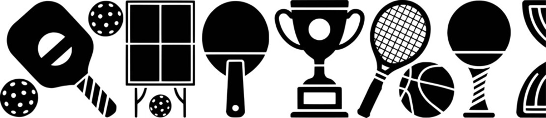 Black and white sports equipment icons ranging from pickleball to waterpolo