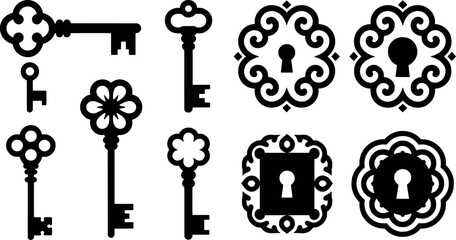 Obraz premium Vintage key and keyhole silhouettes decorative elements set black and white