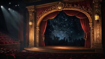 Empty Theater Hall and Stage with Set Decorations