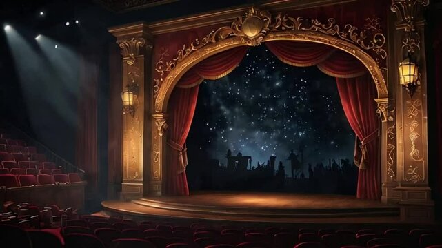 Empty Theater Hall and Stage with Set Decorations