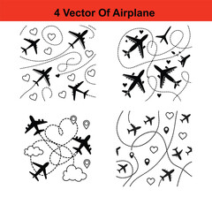 Airplane route to location pin. Plane travel concept with pins for maps, GPS points. Travel from start point and dotted line tracing.