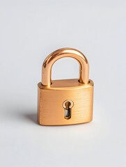 A gold padlock rests on a white background, showcasing its smooth, metallic finish and simple design
