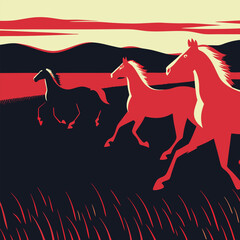 "Dynamic horse silhouettes running through diverse landscapes including desert, jungle, grassland, and mountains under dramatic skies, vector illustration"