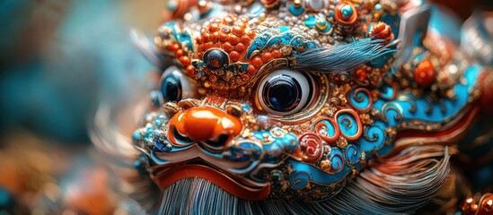 Fototapeta premium Ornate Chinese Lion Dance Mask, Close-up, Festive Decor