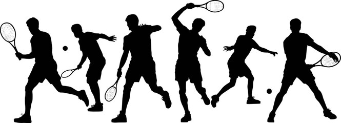 Tennis players silhouettes in action demonstrating different strokes and movement on court