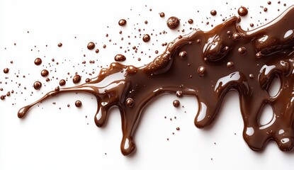 Rich Chocolate Sauce Splash with Glossy Drops on White Background for Culinary Decoration and Food Photography
