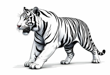 Obraz premium Black ink line art drawing of a tiger in a bold, stylized pose, isolated on a clean white background