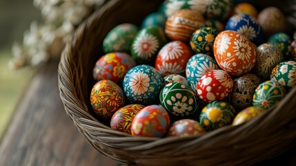 Fototapeta premium Colorful Hand Painted Easter Eggs in Rustic Bowl