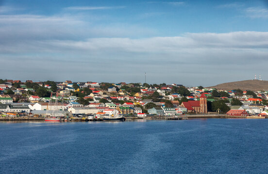 Stanley, capital of the Falkland Islands (Islas Malvinas), is seen from Stanley harbour. The city has a population of about 2,500.