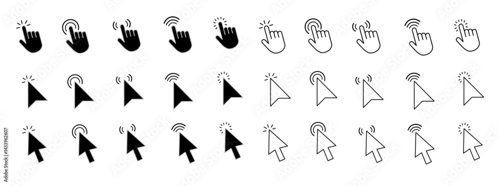 Poster computer mouse click cursor arrow icons set. clicking cursor. click icon vector isolated on white ba