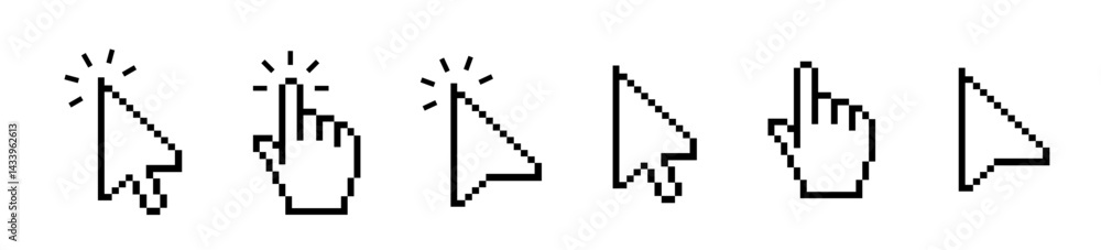 Poster pixel pointer cursor сomputer mouse icon set. pixel clicking cursor, pointing hand clicks icons. col