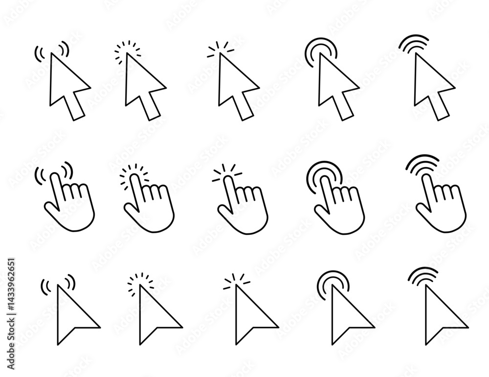 Poster mouse cursor icon set with arrows, hand pointers, click effects, and loading symbols. perfect for ui