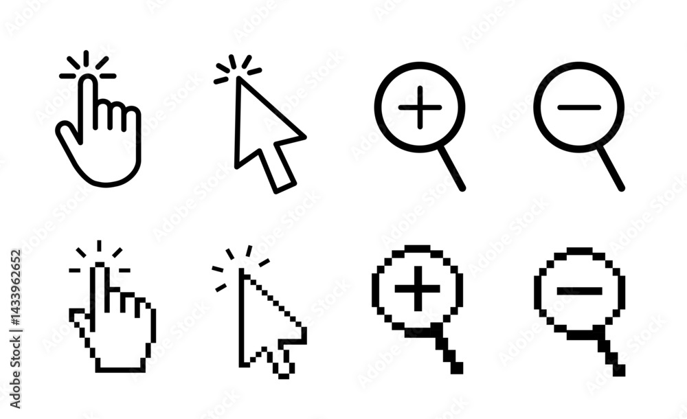 Poster mouse cursor icon set with arrows, hand pointers, click effects, and loading symbols. perfect for ui
