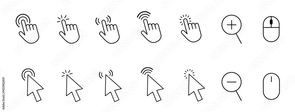 Poster computer mouse click cursor arrow icons set. clicking cursor. click icon vector isolated on white ba
