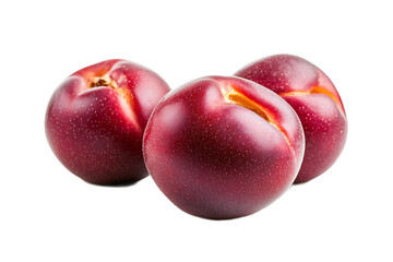Obraz premium Three red plums are arranged closely together against a black background in a studio setting here now